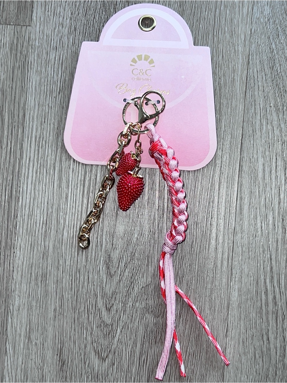 C&C California Strawberry Braided Bag Charm Clip-On Chain Purse Accessory Pink